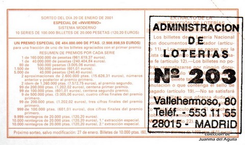 Reverso del décimo de Lotería Nacional de 2001 Sorteo 6