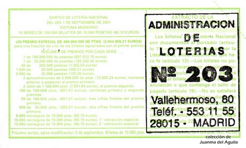 Reverso del décimo de Lotería Nacional de 2001 Sorteo 70