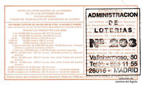 Reverso del décimo de Lotería Nacional de 2001 Sorteo 76