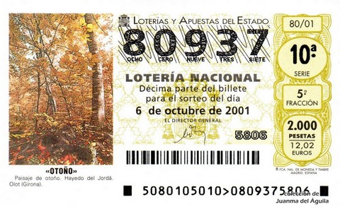 Décimo de Lotería Nacional de 2001 Sorteo 80 - «OTOÑO»