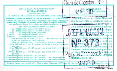 Reverso del décimo de Lotería Nacional de 2001 Sorteo 82