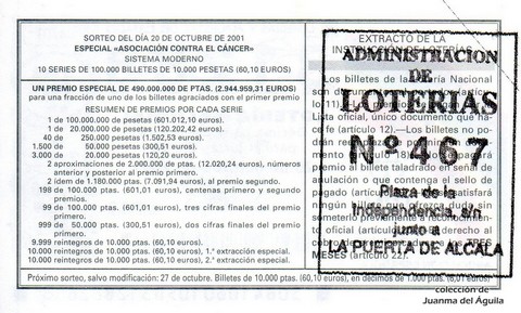 Reverso décimo de Lotería 2001 / 84