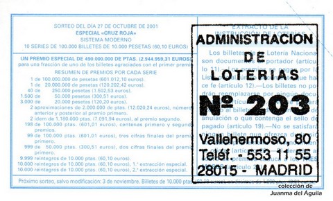 Reverso del décimo de Lotería Nacional de 2001 Sorteo 86