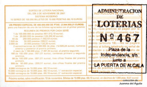 Reverso del décimo de Lotería Nacional de 2001 Sorteo 88