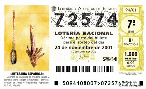 Décimo de Lotería Nacional de 2001 Sorteo 94 - «ARTESANÍA ESPAÑOLA» - CUCHARA DE MATANZA Y GANCHO
