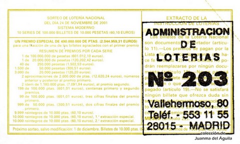 Reverso del décimo de Lotería Nacional de 2001 Sorteo 94