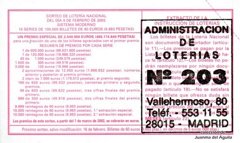 Reverso del décimo de Lotería Nacional de 2002 Sorteo 11