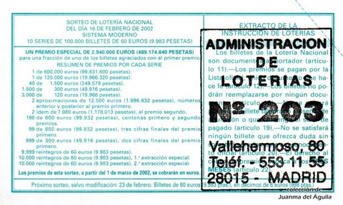 Reverso del décimo de Lotería Nacional de 2002 Sorteo 13