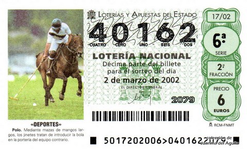 Décimo de Lotería Nacional de 2002 Sorteo 17 - «DEPORTES» - POLO