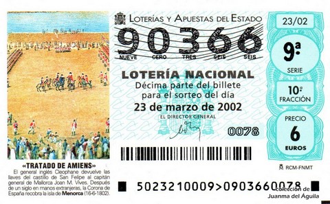 Décimo de Lotería Nacional de 2002 Sorteo 23 - «TRATADO DE AMIENS»