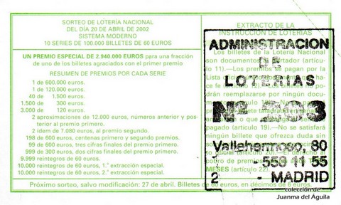 Reverso décimo de Lotería 2002 / 31