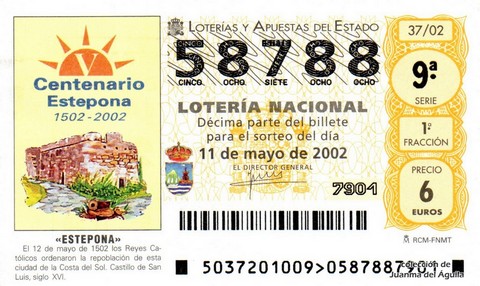 Décimo de Lotería Nacional de 2002 Sorteo 37 - «ESTEPONA»