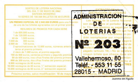 Reverso del décimo de Lotería Nacional de 2002 Sorteo 37