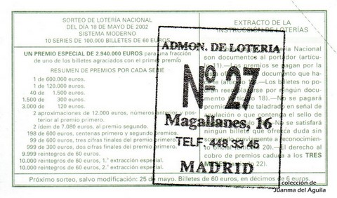 Reverso décimo de Lotería 2002 / 39