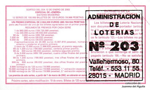 Reverso del décimo de Lotería Nacional de 2002 Sorteo 3