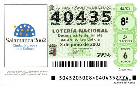 Décimo de Lotería Nacional de 2002 Sorteo 45 - Salamanca 2002 - Ciudad Europea de la Cultura