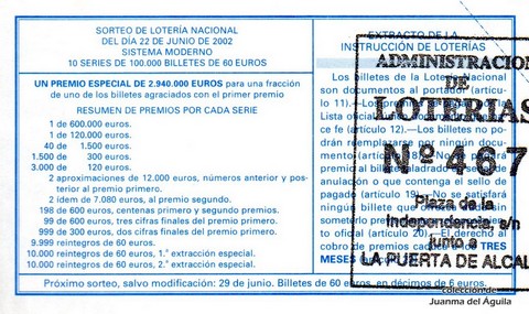 Reverso del décimo de Lotería Nacional de 2002 Sorteo 49