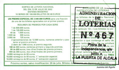 Reverso del décimo de Lotería Nacional de 2002 Sorteo 55