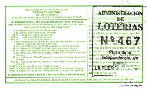 Reverso del décimo de Lotería Nacional de 2002 Sorteo 5