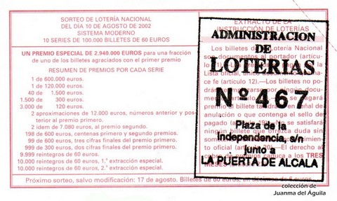 Reverso del décimo de Lotería Nacional de 2002 Sorteo 63