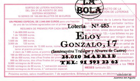 Reverso del décimo de Lotería Nacional de 2002 Sorteo 69