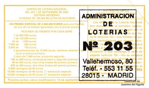 Reverso del décimo de Lotería Nacional de 2002 Sorteo 71