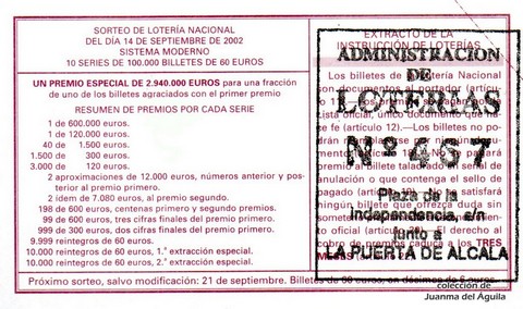 Reverso del décimo de Lotería Nacional de 2002 Sorteo 73
