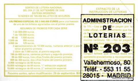 Reverso del décimo de Lotería Nacional de 2002 Sorteo 75