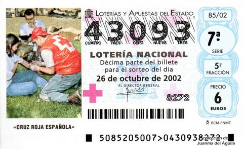 Décimo de Lotería Nacional de 2002 Sorteo 85 - «CRUZ ROJA ESPAÑOLA»