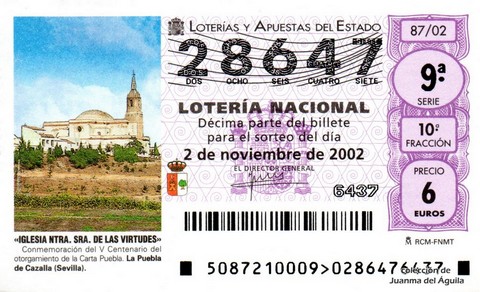 Décimo de Lotería Nacional de 2002 Sorteo 87 - «IGLESIA NTRA. SRA. DE LAS VIRTUDES»