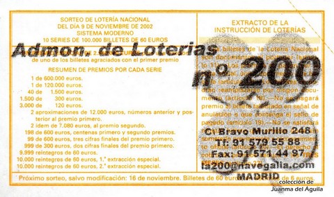 Reverso del décimo de Lotería Nacional de 2002 Sorteo 89