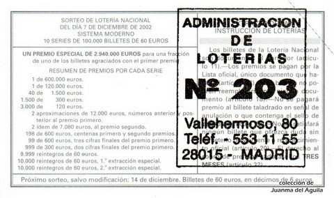 Reverso del décimo de Lotería Nacional de 2002 Sorteo 97