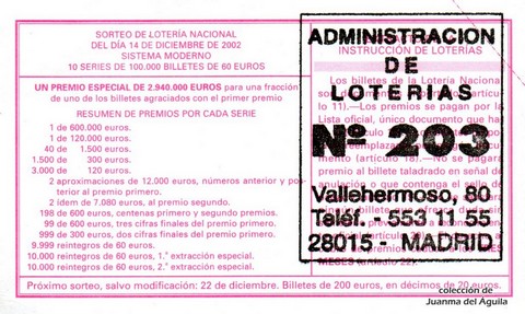 Reverso del décimo de Lotería Nacional de 2002 Sorteo 99
