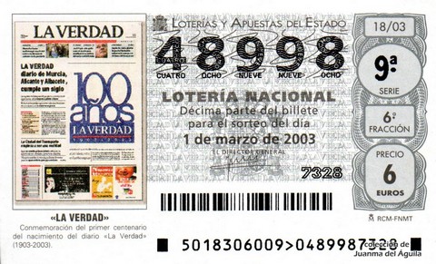 Décimo de Lotería Nacional de 2003 Sorteo 18 - «LA VERDAD»