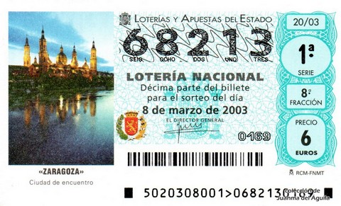 Décimo de Lotería Nacional de 2003 Sorteo 20 - «ZARAGOZA»
