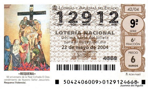 Décimo de Lotería Nacional de 2004 Sorteo 42 - «REQUENA»