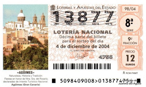 Décimo de Lotería Nacional de 2004 Sorteo 98 - «AGÚIMES»