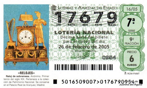 Décimo de Lotería Nacional de 2005 Sorteo 16 - «RELOJES»