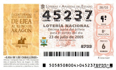Décimo de Lotería Nacional de 2005 Sorteo 58 - «EJEA DE LOS CABALLEROS»
