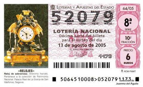Décimo de Lotería Nacional de 2005 Sorteo 64 - «RELOJES»