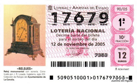 Décimo de Lotería Nacional de 2005 Sorteo 90 - «RELOJES»