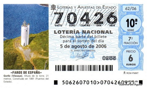 Décimo de Lotería Nacional de 2006 Sorteo 62 - «FAROS DE ESPAÑA»