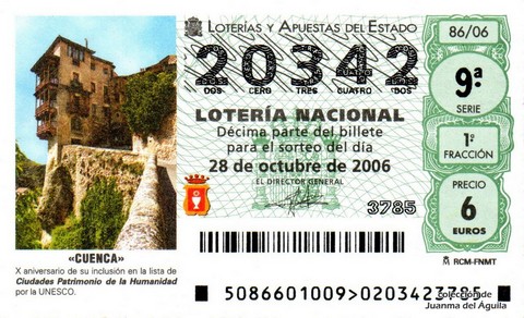 Décimo de Lotería Nacional de 2006 Sorteo 86 - «CUENCA»