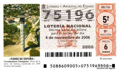 Décimo de Lotería Nacional de 2006 Sorteo 88 - «FAROS DE ESPAÑA»