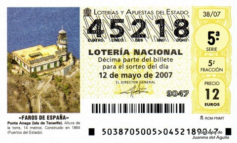 Décimo de Lotería Nacional de 2007 Sorteo 38 - «FAROS DE ESPAÑA»