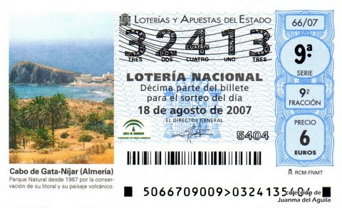 Décimo de Lotería Nacional de 2007 Sorteo 66 - Cabo de Gata-Níjar (Almería)