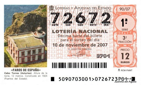 Décimo de Lotería Nacional de 2007 Sorteo 90 - «FAROS DE ESPAÑA»