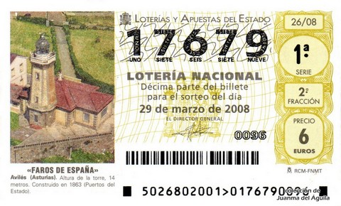 Décimo de Lotería Nacional de 2008 Sorteo 26 - «FAROS DE ESPAÑA». AVILÉS (ASTURIAS)