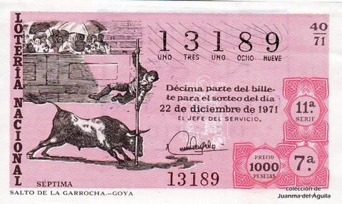 Décimo de Lotería Nacional de 1971 Sorteo 40 - SALTO DE LA GARROCHA - GOYA