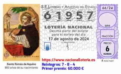 Primer premio de la Lotería del Sábado 17 de Agosto de 2024